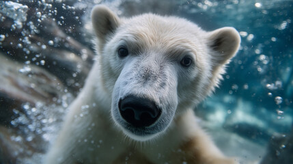 Close-up of polar bear swimming behind glass at Wroclaw Zoo, water bubbles, children pressed against glass polar bear, arctic animals, zoo water tank, zoo closeup, animal photograp