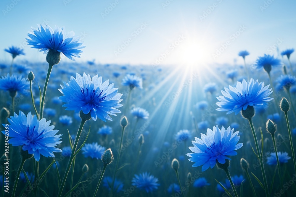 Poster bright blue cornflowers blooming in a sunlit field with vivid lighting and a soft background creatin