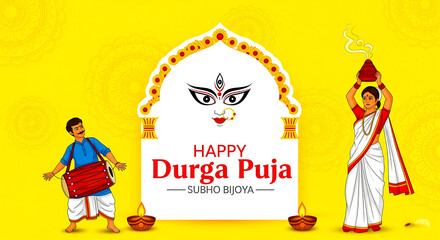 Vibrant illustration celebrating durga puja with devotees offering prayers and playing traditional music during the auspicious festival