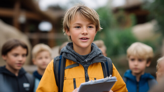 Group of schoolchildren on field trip to Zoo Wroclaw, listening to guide, notebooks and backpacks, learning outdoors school at zoo, educational tour, students learning, zoo experie