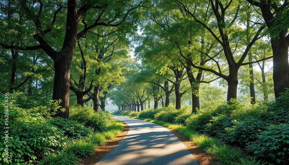 Poster pathway illuminated by sunlight filtering through tree canopy in a lush green forest with surroundin