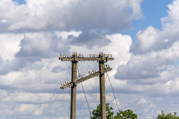 Old electricity poles with disconnected wires under a cloudy sky