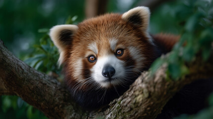 Fototapeta premium Red panda sitting on tree branch in Zoo Wroclaw's Asia zone, looking toward camera, soft sunlight through leaves red panda, asian animals, zoo trees, zoo photography, animal expres