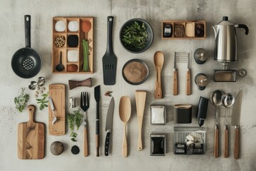 High Definition Image of Flat Lay Kitchen Tools Arrangement