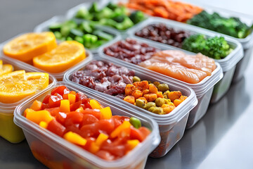 Colorful Meal Prep Containers with Chopped Vegetables, Fruits, a