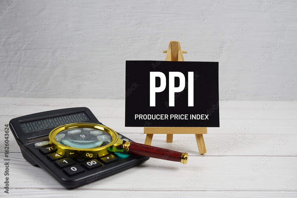 Poster ppi abbreviation of producer price index text with magnifying glass and calculator on wooden backgro
