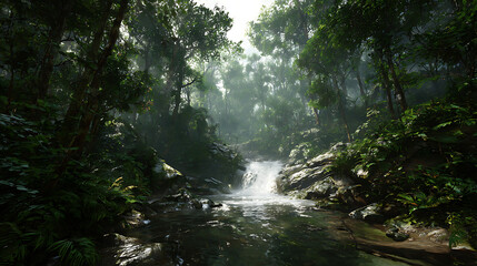 Obraz premium Lush jungle scenery with a waterfall flowing into a calm river