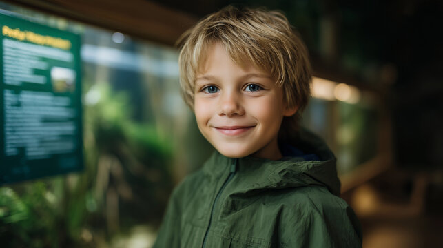 A boy smiling next to an informative display about Polish amphibians in the zoo.