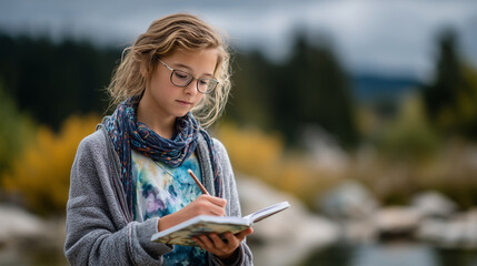 A girl drawing animals in a sketchbook while observing a beaver swimming in the pond.