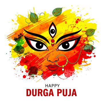 Vibrant watercolor depiction of goddess durga s powerful eyes and face adorned with festive colors and leaves celebrating durga puja