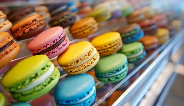 Colorful macarons arranged in a decorative display for dessert
