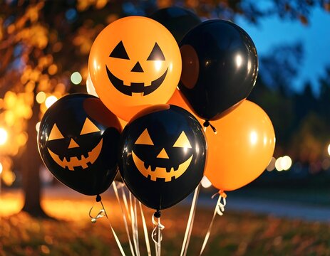 Halloween jack-o'-lantern balloons at dusk
