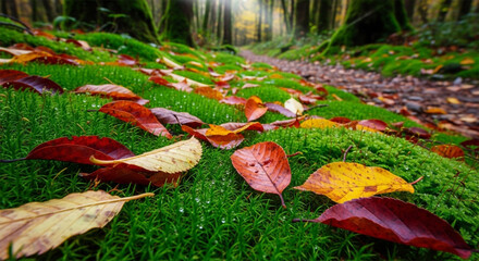 Fresh green moss with fallen colorful autumn leaves on top forest trail blurred behind