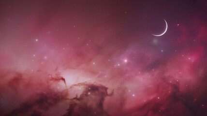 Vibrant pink and purple nebula with a crescent moon and distant stars in deep space