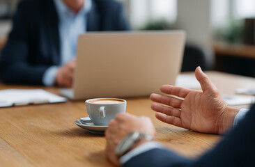 Medium shot of two hands gesturing over open laptop and coffee cup during discussion