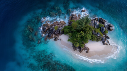 Aerial panoramic view of a deserted tropical island with white sand beach, turquoise water and coral reefs Keywords: drone view, tropical island, lagoon, aerial shot, coral reef, c