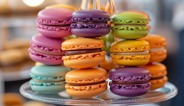 Colorful macarons arranged in a decorative display for dessert
