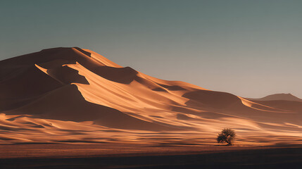 Desert landscape with sand dunes and a single tree at sunset with golden light