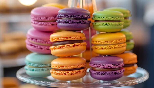Colorful macarons arranged in a decorative display for dessert
