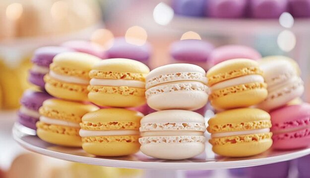 Colorful macarons arranged in a decorative display for dessert
