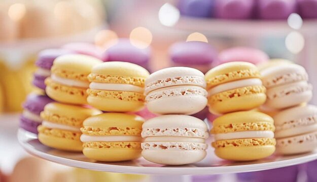 Colorful macarons arranged in a decorative display for dessert
