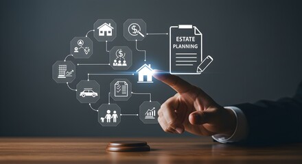 Businessman's hand interacting with estate planning icons displayed on a dark background.