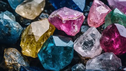 Colorful raw gemstone crystal collection with blue, pink, yellow, and green minerals shining brightly showcasing natural beauty vibrant hues and detailed textures in close up macro shot - Powered by Adobe