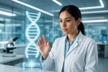 Female scientist interacting with glowing DNA hologram in hi-tech laboratory environment, showcasing futuristic biotechnology concept. Ai generative