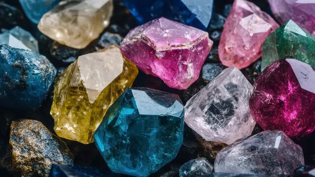 Colorful raw gemstone crystal collection with blue, pink, yellow, and green minerals shining brightly showcasing natural beauty vibrant hues and detailed textures in close up macro shot