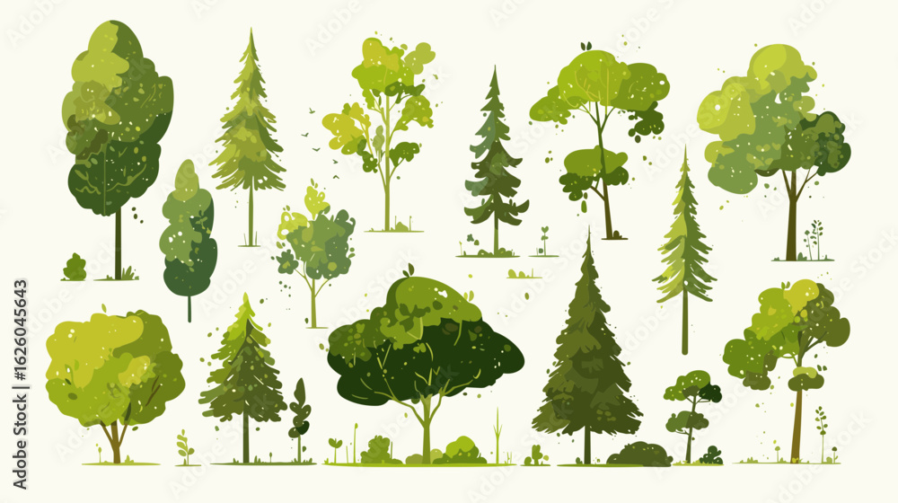 Poster variety of trees in nature: an array of lush green trees in a natural setting, each with its own uni
