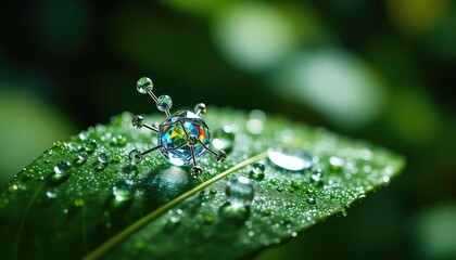 Molecular structure with iridescent central sphere sits on a wet leaf among scattered dew drops and a blurry green background
