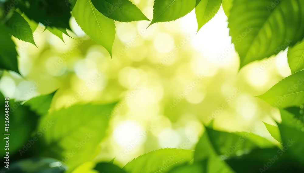 Poster Fresh springtime leaves frame a soft background filled with light and bokeh, creating a serene natural aesthetic