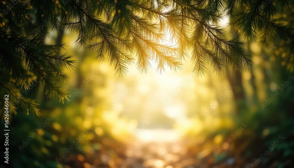 Poster Sunlight streams through evergreen branches creating a path in a peaceful, serene and calming woodland environment