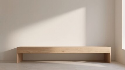 Fototapeta premium Minimalist Wooden Bench with Drawers in a Sunlit Room