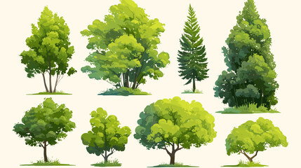 Green Foliage Variety: An artistic rendering showcases an array of vibrant green trees, each representing a unique species. Illustrating nature's botanical diversity.