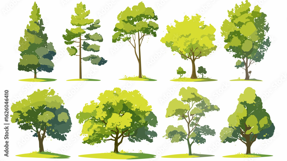 Poster diverse tree collection: a vibrant collection of stylized trees showcases a variety of forms and fol