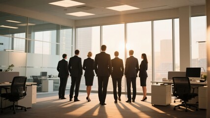 Business team standing together, facing large windows with a cityscape view during sunset in a modern office.