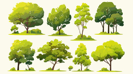 Fototapeta premium Lush Green Trees: A collection of eight diverse trees and shrub illustrations, showcasing vibrant green foliage and varied shapes, perfect for adding natural elements to designs.