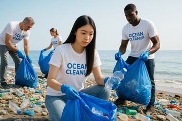 Diverse group of volunteers cleaning ocean beach, collecting plastic waste in blue bags, raising awareness of pollution and environmental protection. Ai generative