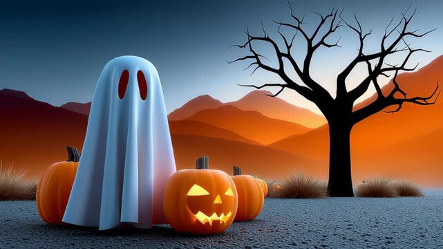 Ghost figure draped in white sheet stands among carved pumpkins in a spooky landscape with a barren tree silhouetted against a vibrant orange sunset, creating a Halloween atmosphere