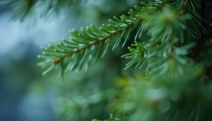 Obraz premium Delicate evergreen branch in a macro shot shows details of needle arrangement and growth against soft blurred background