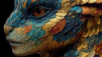 Close-up profile of a fantastical creature with iridescent scales in shades of blue, gold, and copper, set against a black background.  The creature's eye is visible, adding depth and detail