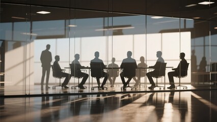 Fototapeta premium Silhouettes of people seated in a modern glass-walled conference room, with one individual standing nearby.
