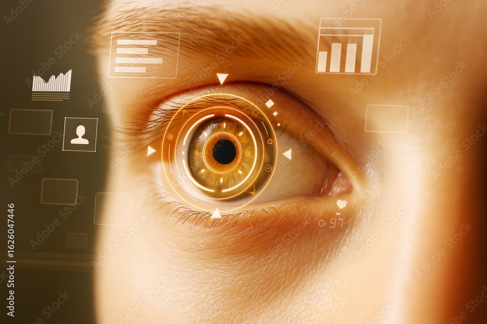 Poster futuristic digital eye interface with biometric hud and glowing orange light elements on tech scienc