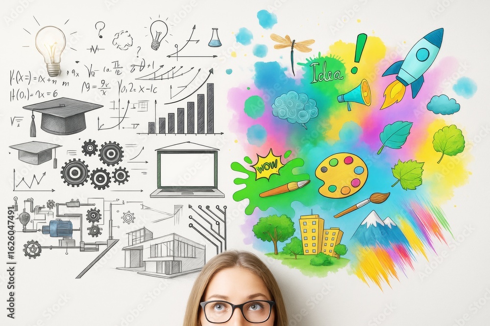 Poster split concept of science and creativity with colorful imagination on right and technical drawings on