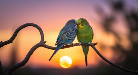 Budgerigars embracing at sunset symbolize love and tranquility in the twilight air