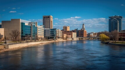 Obraz premium City riverfront skyline on sunny day