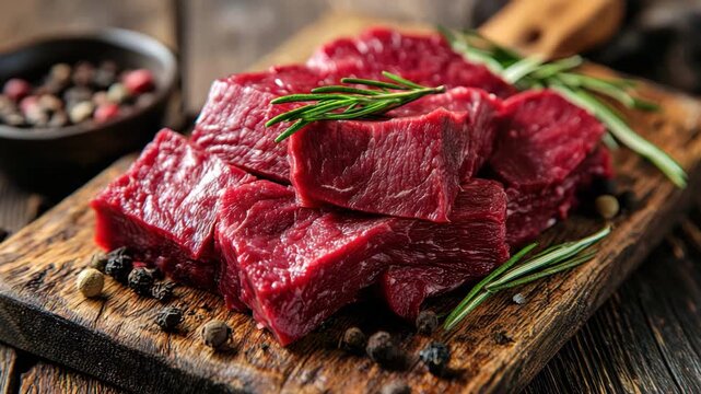 Raw beef meat chunks and cubes with fresh rosemary and peppercorn on wooden cutting board, close up of red meat texture, fresh raw beef pieces for cooking or barbecue preparation close up