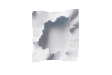 A square, off-white paper or fabric piece, with a large, irregular, circular hole punched through it.  The edges of the hole and paper are distorted, showing radiating lines and slight crinkles