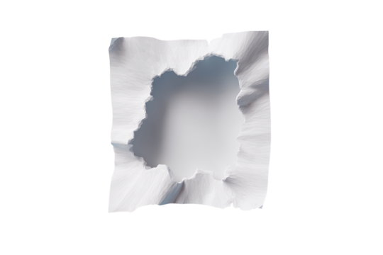 A square, off-white paper or fabric piece, with a large, irregular, circular hole punched through it.  The edges of the hole and paper are distorted, showing radiating lines and slight crinkles